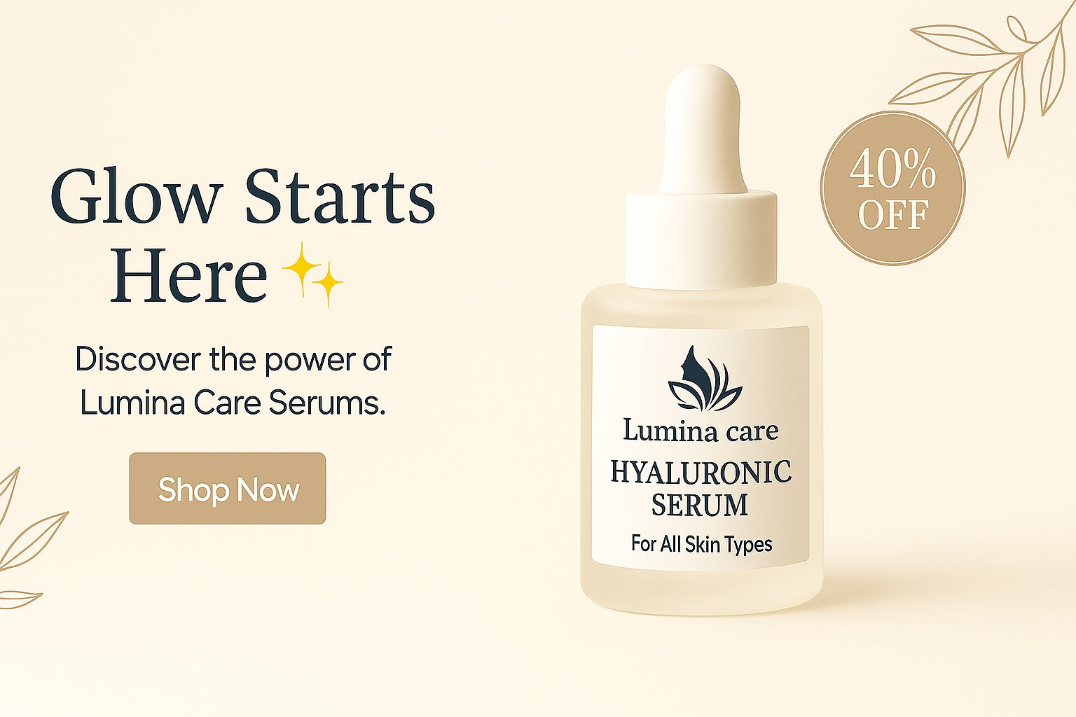 Lumina Care Hyaluronic Serum bottle with promotional text on a beige background