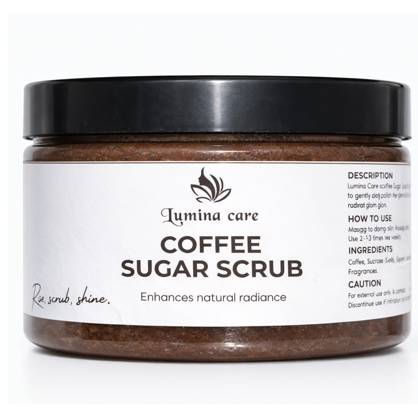 Jar of Lumina Care Coffee Sugar Scrub on a white background