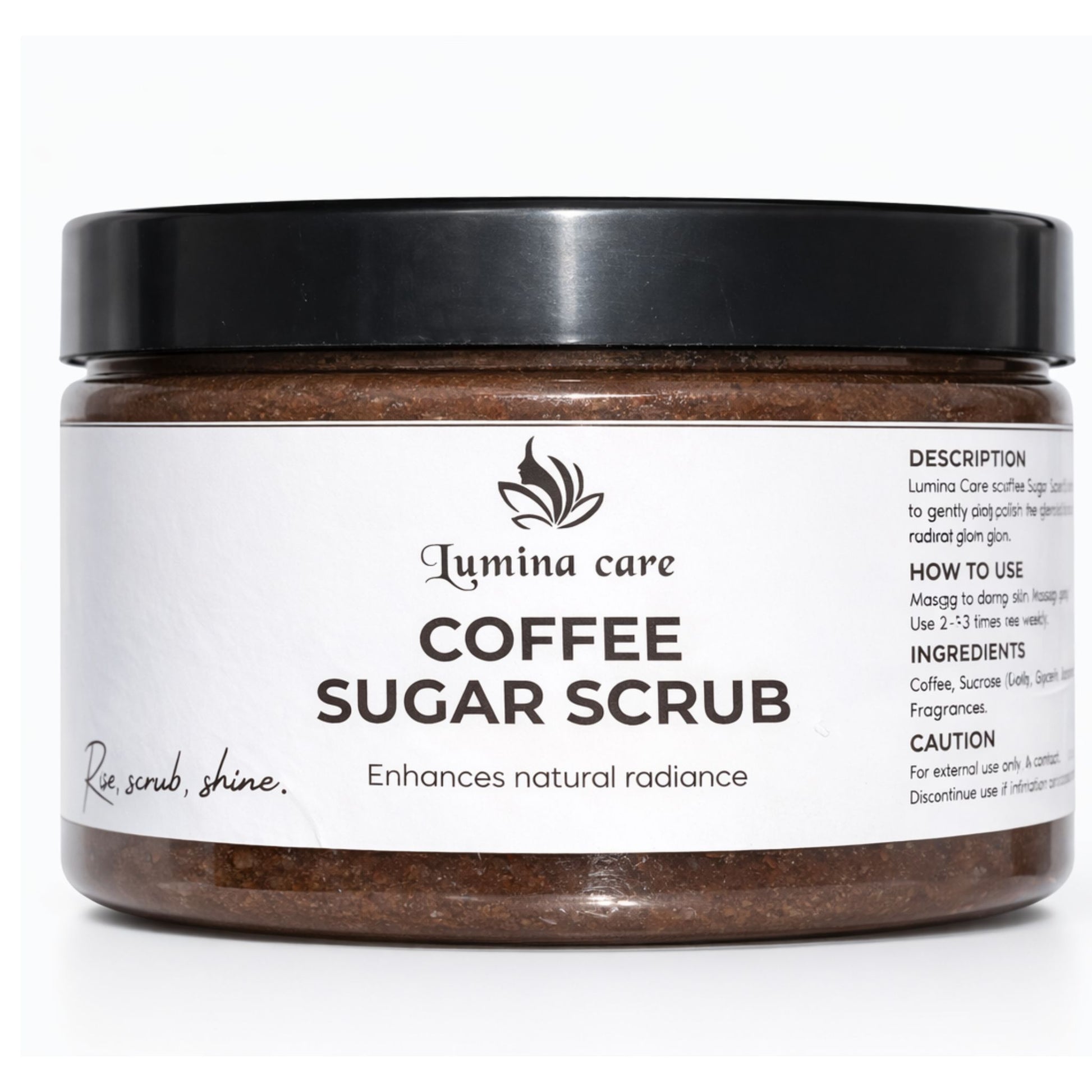 Jar of Lumina Care Coffee Sugar Scrub on a white background