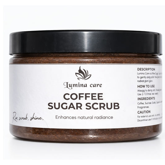 Jar of Lumina Care Coffee Sugar Scrub on a white background