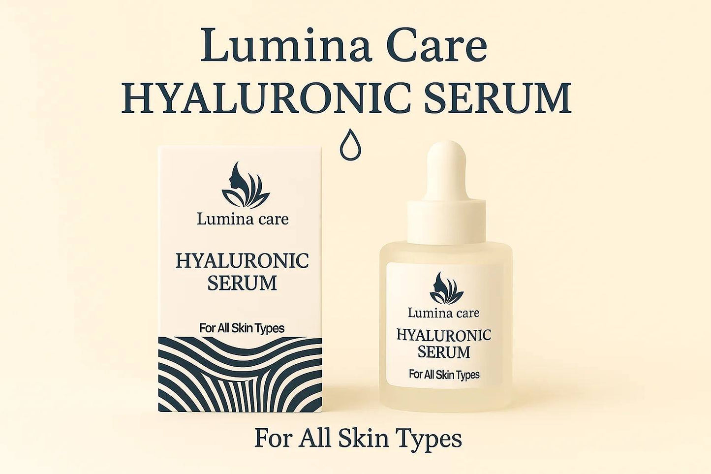Lumina Care Hyaluronic Serum bottles on a beige background
