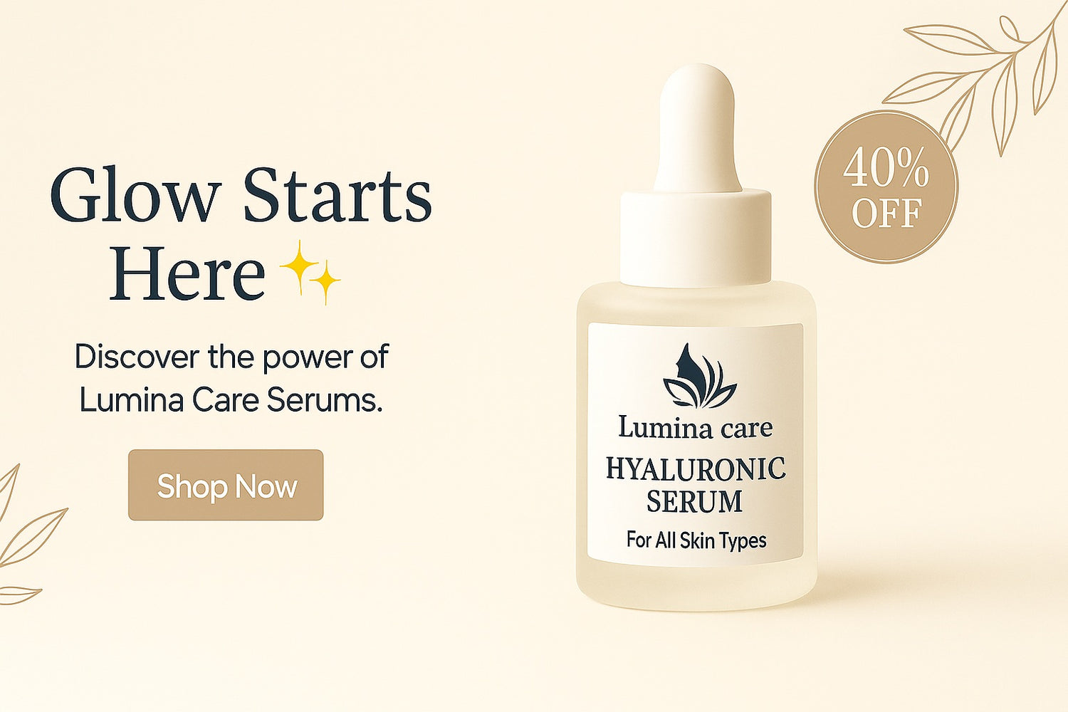Lumina Care Hyaluronic Serum bottle with promotional text on a beige background